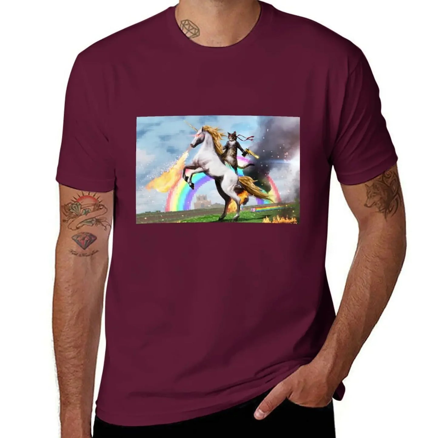 Cat Riding Unicorn Shirt maroon