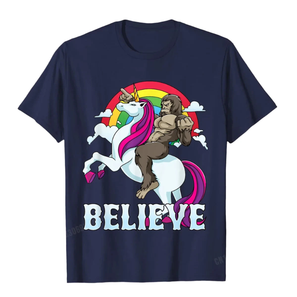 Bigfoot Riding A Unicorn T Shirt navy blue