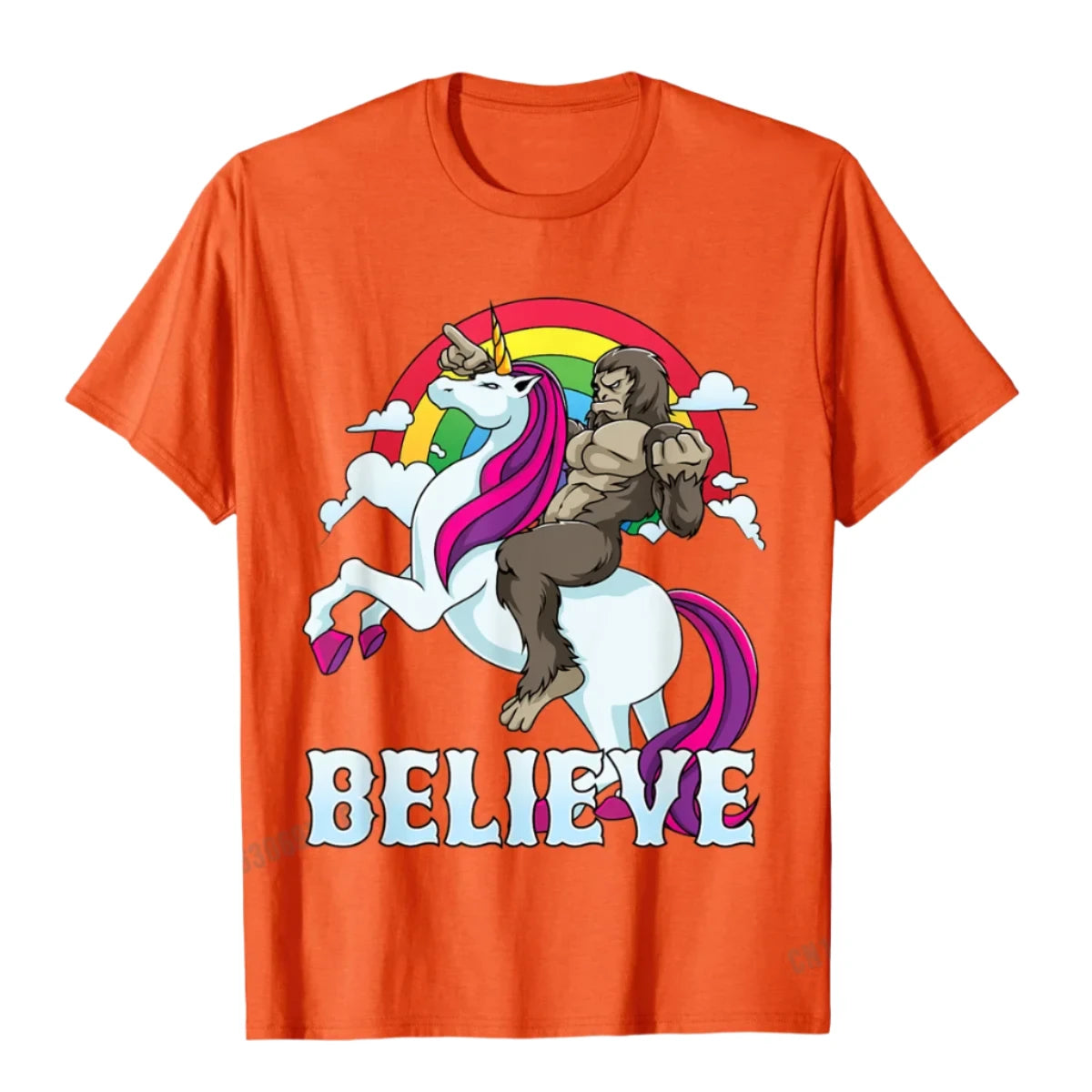 Bigfoot Riding A Unicorn T Shirt orange
