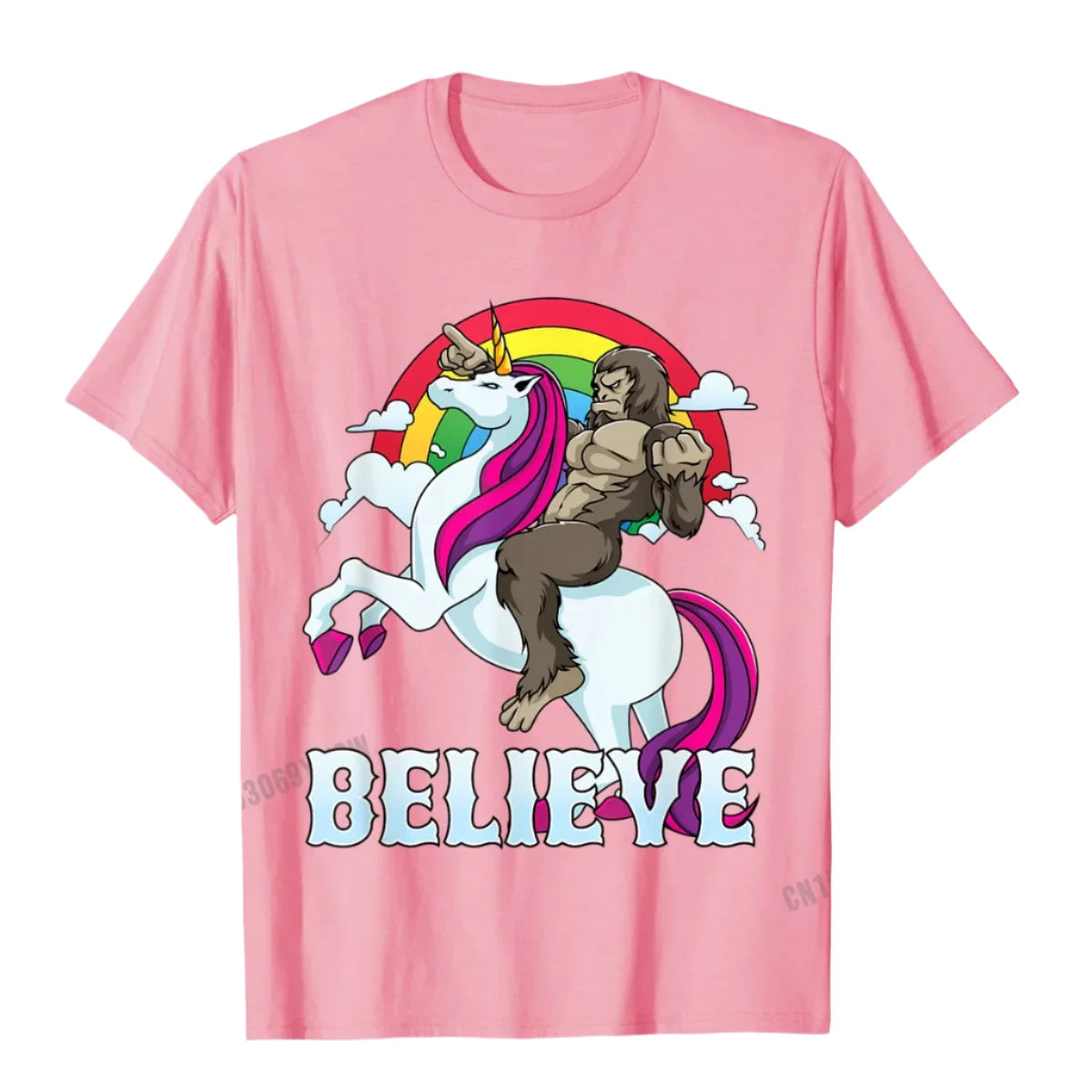 Bigfoot Riding A Unicorn T Shirt pink
