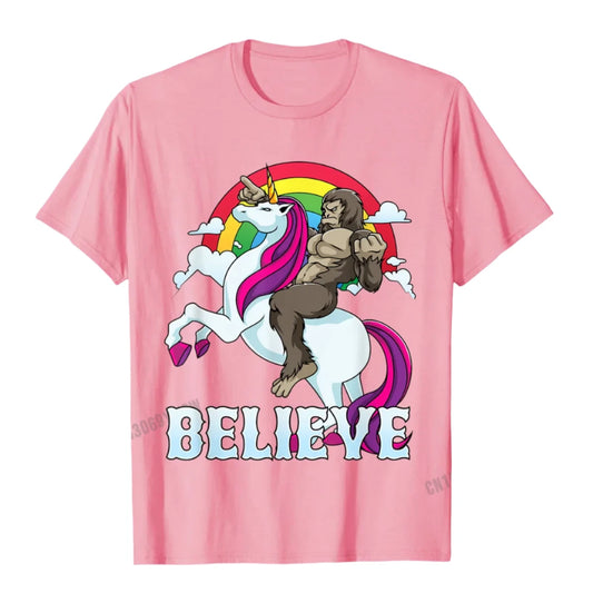 Bigfoot Riding A Unicorn T Shirt pink
