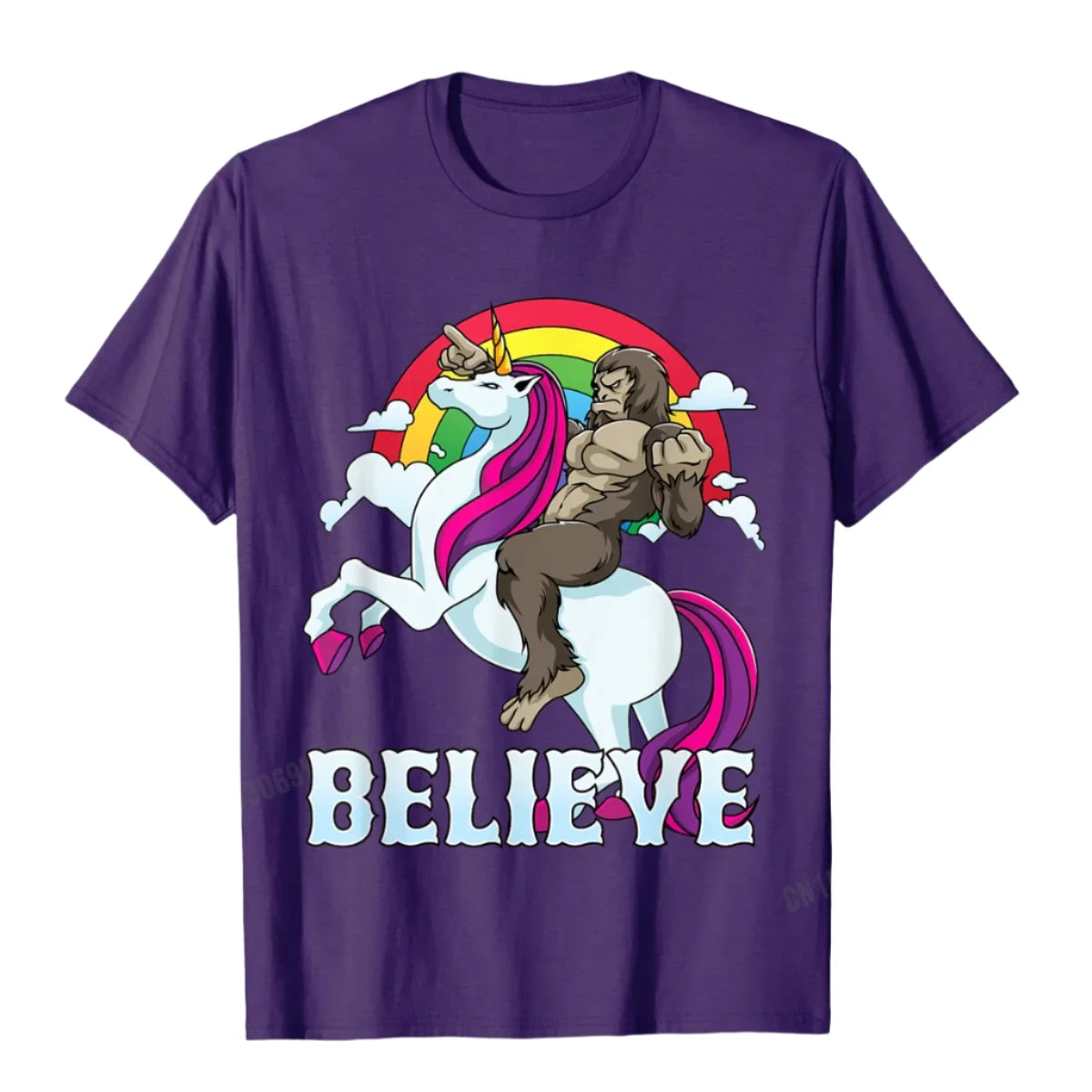 Bigfoot Riding A Unicorn T Shirt purple