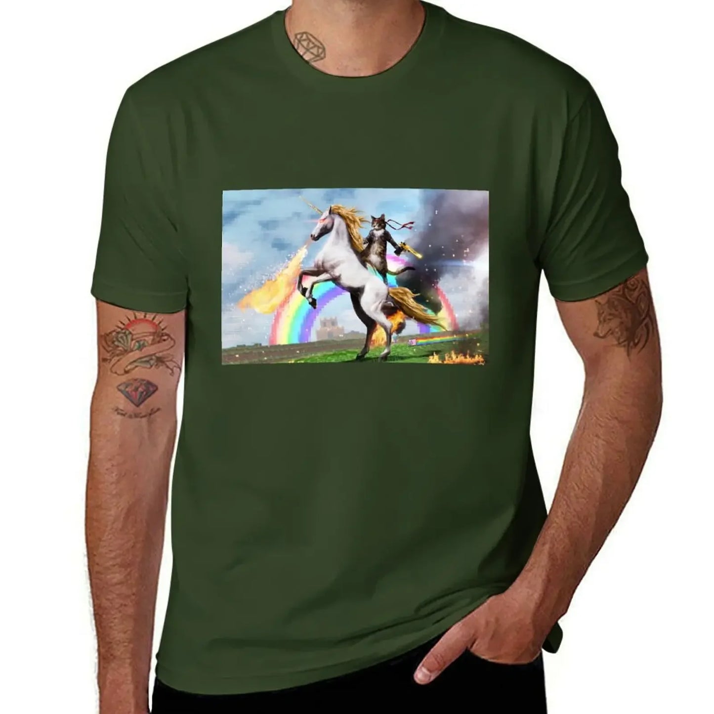 Cat Riding Unicorn Shirt army green