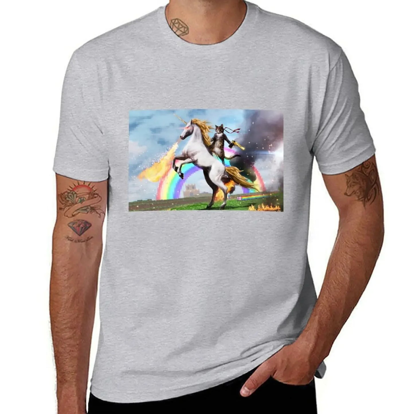 Cat Riding Unicorn Shirt gray