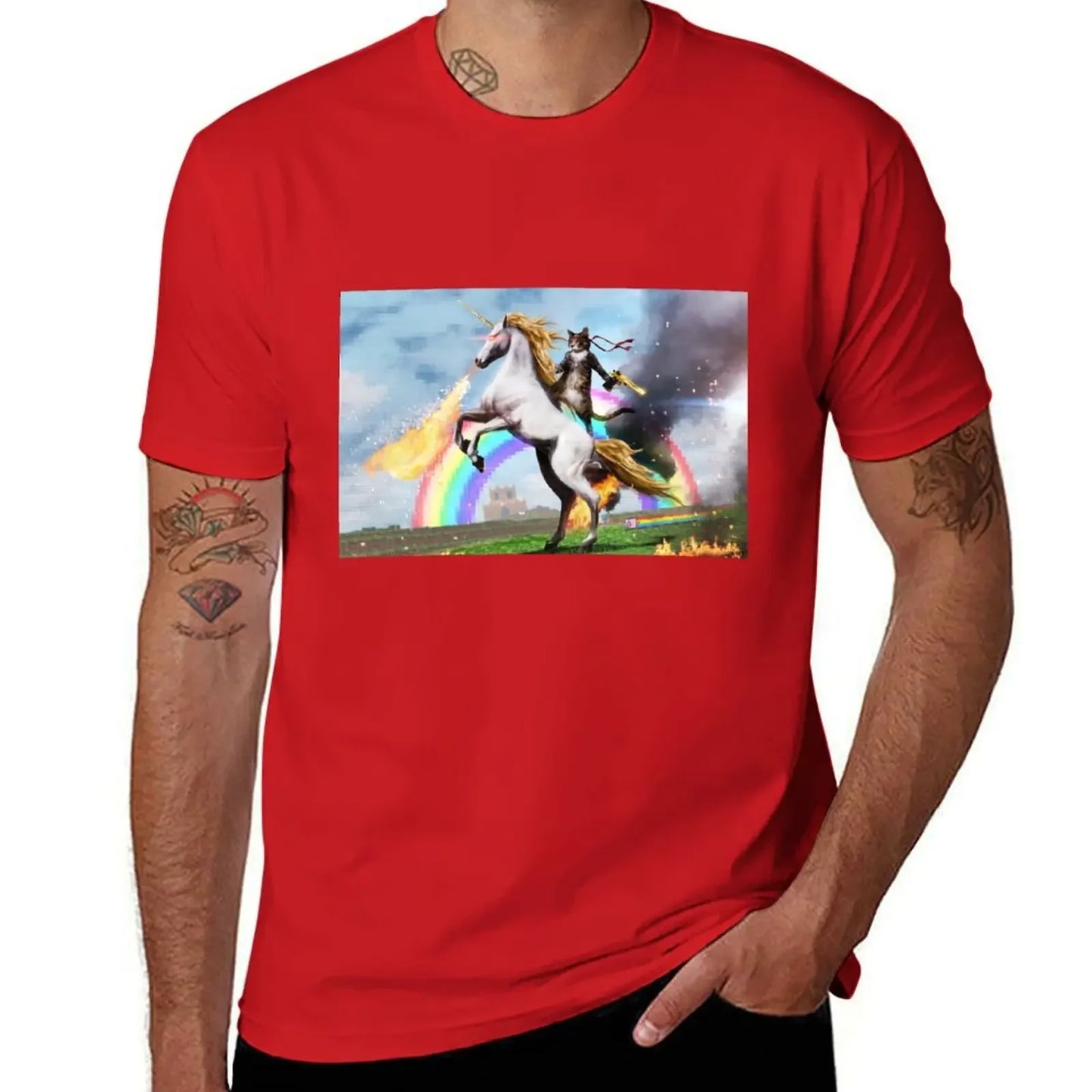 Cat Riding Unicorn Shirt red