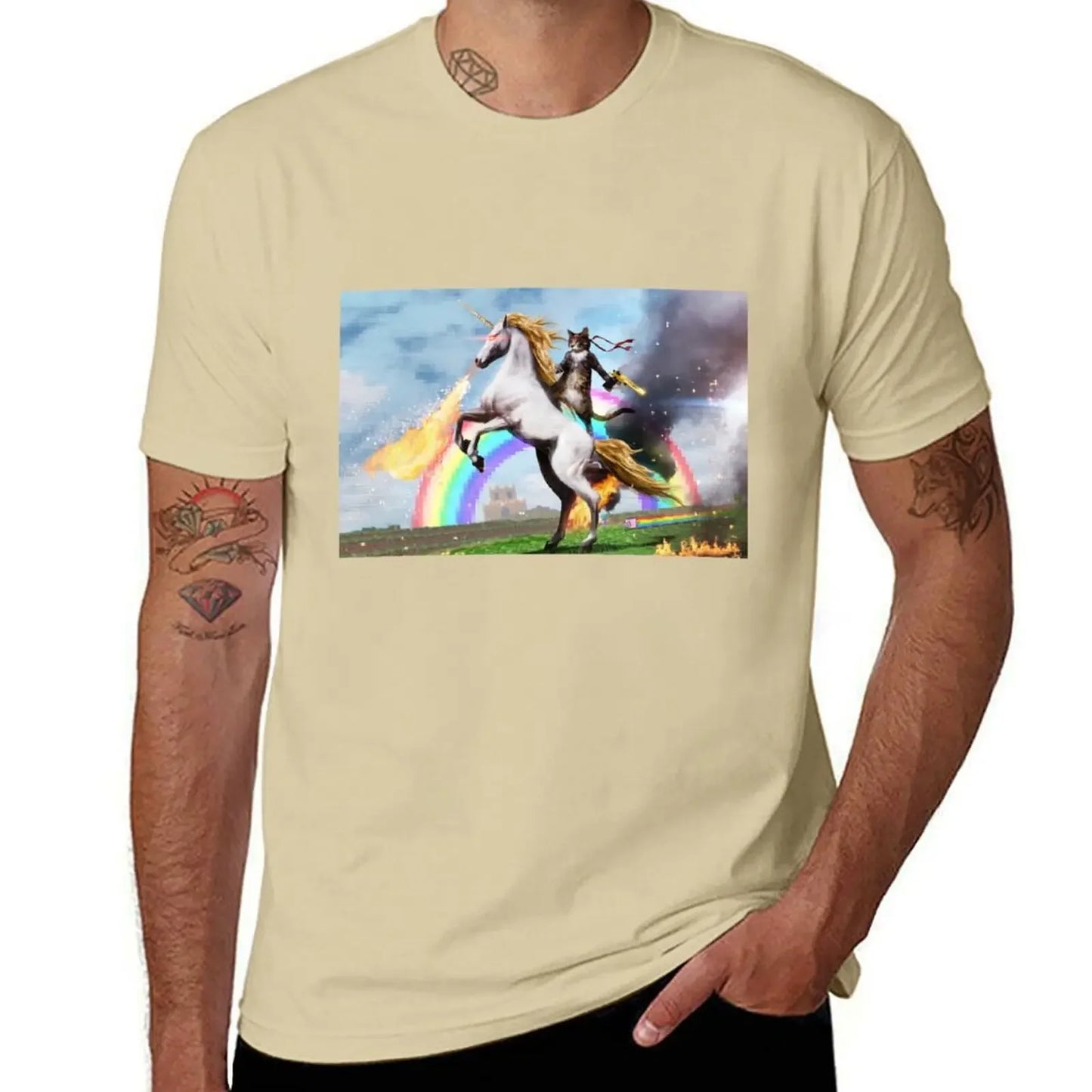 Cat Riding Unicorn Shirt sand colour