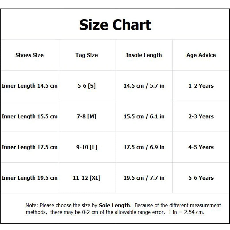 Toddler Unicorn Slippers size chart
