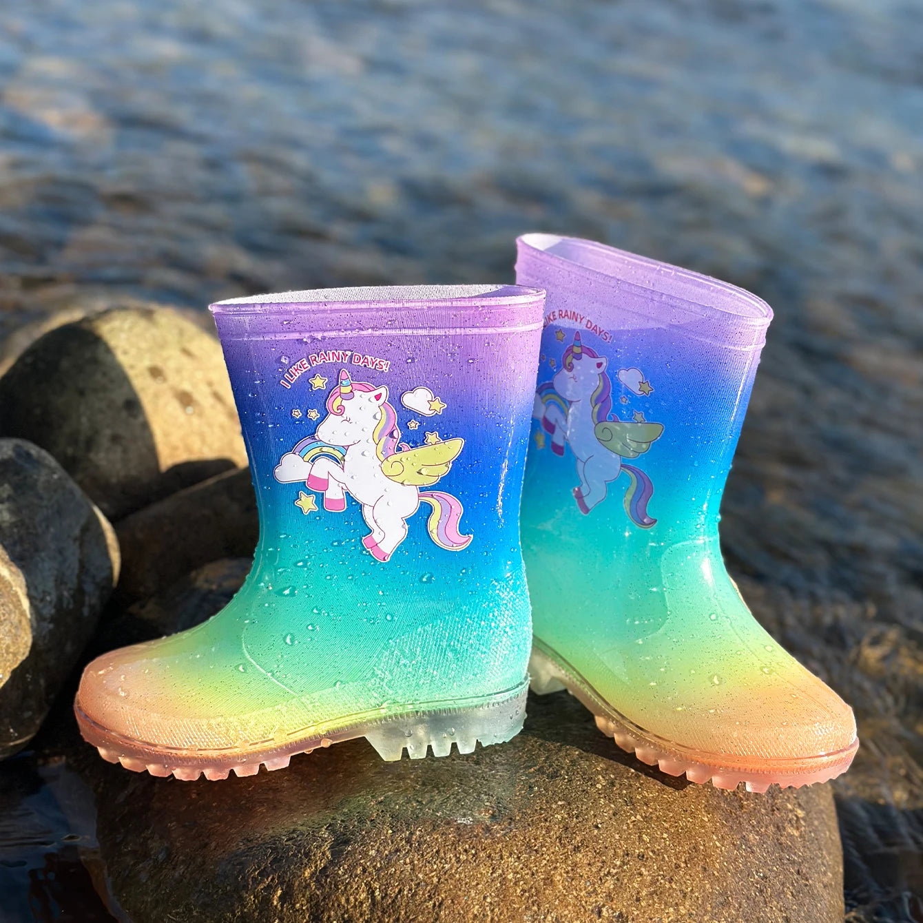 excellent_traction Rainbow Unicorn Rain Boots