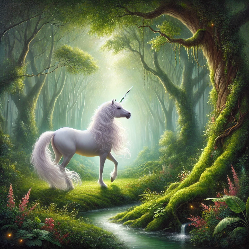 a majestic unicorn standing in the forest