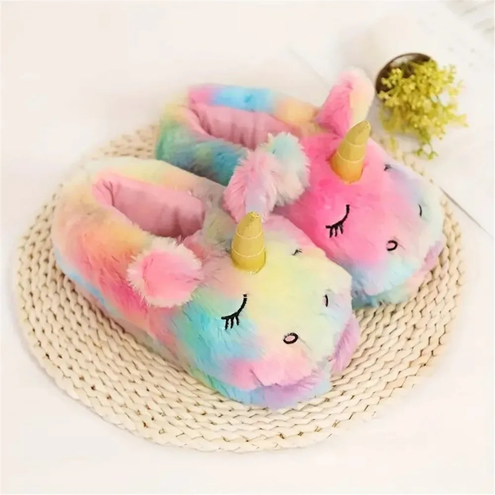 slip on plush Women's Rainbow Unicorn Slippers 